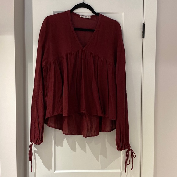 Mango Deep Red Tie Sleeve Blouse - Picture 1 of 9